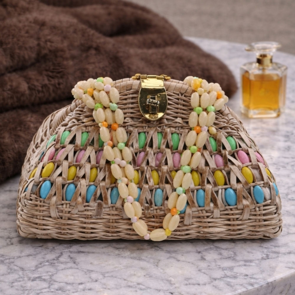 Vintage wicker beaded multicolor lucite beads structured top handle purse